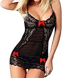 HOTSO Lingerie Sexy Babydoll Chemise Camicia da Notte Pizzo Estivo Teddy Negligee Bodysuit Vestaglia per Donna Nightwear Sleepwear V-Neck Strap con Bowknot Vestito Elegante (S-M)