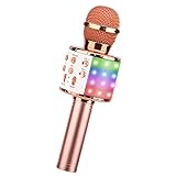 ShinePick Microfono Karaoke Bluetooth, Microfono bambini, Microfoni Wireless LED Flash Portatile Karaoke Player con Altoparlante per Android/iOS, PC e Smartphone(Oro Rosa)
