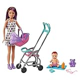 Barbie - Skipper Babysitter Playset con bambola Skipper babysitter (castana), passeggino, bebè e 5 accessori, Giocattolo per Bambini 3+ Anni, GXT34