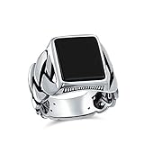 Bling Jewelry Anello Personalizzato Con Catena A Maglie Larghe Di Grano Intrecciate Pietra Preziosa Onice Nero Rettangolo Dichiarazione Signet Ring Per Uomo .925 Argento Fatto A Mano In Turchia