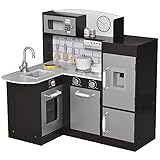 HOMCOM Cucina Giocattolo per Bambini in Legno con 14 Accessori, Forno, Lavandino, Frigo e Microonde, Età 3+ Anni, 86x64x84.5cm, Argento e Marrone