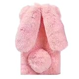 Artfeel Custodia Coniglio Peluche per Samsung Galaxy A40,Carino Morbido Peloso Orecchie da Coniglio Hairball Inverno Soffice Caldo Cover,Faux Pelliccia Luccichio Diamante Caso-Rosa