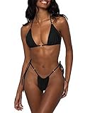 LUNNTE Bikini da donna, set perizoma bikini costume da bagno push up con triangolo coppa spaghetti due pezzi, Nero , S