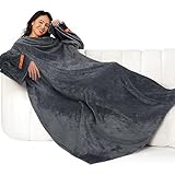 Winthome Coperta con Maniche - Coperta Pile Morbida e Calda, Plaid con Maniche con Velcro, Coperta Indossabile per Regalo Natalizio Donna Uomo, Risparmia Costi di Riscaldamento (Grigio, 140x170cm)