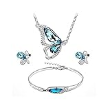 QKEPCY Parure Gioielli da Donna Disegno a farfalla Collana di Cristallo Orecchini Bracciale Set Collane Gioielli Ciondolo per Donne e Ragazze Regalo Compleanno Anniversario Regalo Mamma (Blu)