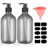 2 Pezzi Bottiglie Vuote Pompa a Pressione, 500 ml Dispenser Contenitore di Sapone Plastica, Flacone Dosatore Vuoti per Shampoo Lozioni Bagno Cucina, con Etichetta Imbuto - Grigio