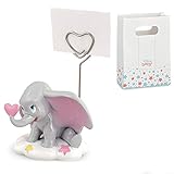 Memoclip a forma di Dumbo con orecchie rosa e cuoricino, con asta a cuore, firmato Disney, bomboniere, segnaposto battesimo bimba, completo di scatola regalo (senza confezionamento)