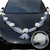 DazSpirit Decorazioni Matrimonio per Auto, Bianca Addobbi Auto Matrimonio in Garza Rosa con Ventose, Tulle, Fascette Nastro Adesivo, Ghirlanda Elegante Fiocco Macchina Sposi per Perfetto Arredamento