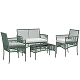 Outsunny Set da Giardino in Rattan 4 Pezzi, Set da Esterno con 2 Poltrone da Esterni, Divano da Giardino e Tavolino da Giardino, Verde e Nero