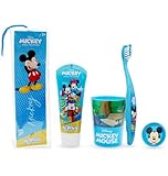 Mickey Mouse - Set di sacchetti per bambini, adatto ai viaggi, con spazzolino manuale con ventosa, tappo da viaggio, dentifricio al gusto di menta delicata per bambini da 75 ml e bicchiere Mr. White