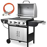 4+1 Bruciatore Barbecue Grill a Gas in Acciaio Inox, Grill BBQ a Gas con Termometro con Piano Cottura Laterale, 14.05KW Bruciatore ad Alte Prestazioni Grill Barbecue per Giardini Feste Campeggio