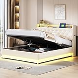 KUAKE letto matrimoniale con contenitore e LED, letto matrimoniale 160 * 200cm, doghe letto matrimoniale e USB, Lino (Beige)