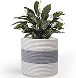 KMERCE Cestino per piante da interno, coprivaso, in fibra di cotone, decorazione per interni, Giallo + Bianco, Φ20 cm
