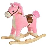 HOMCOM Cavallo a Dondolo in Legno Giocattolo con Suoni Realistici per Bambini 36-72 Mesi, Include 2 Batterie AA, Rosa