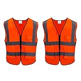 Gilet Alta Visibilità, 2 PCS Gilet di Sicurezza Riflettente con Tasche e Cerniera, per Lavori All Aperto/Ciclismo/Jogging/Passeggiate/Guardia di Attraversamento/Strada/Costruzione - Arancione