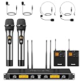 TONOR Sistema microfonico wireless UHF a 4 canali, Microfono palmare/Microfono archetto/Lavalier Microphone, Trasmettitore Bodypack, Ricevitore Metallo 4x5 frequenze, 90M per Chiesa Karaoke Canto