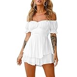 Mini abito da donna con maniche a sbuffo e spalle scoperte, scollo quadrato, increspato, linea svasata, abito da spiaggia estivo con punto smock, Bianco #3., M