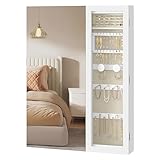 SONGMICS Armadietto Portagioie con LED, Specchiera Portagioielli da Parete o Porta, Finestra in Vetro, 10 x 60 x 80 cm, Specchio Interno, 3 in 1, Camera da Letto, Regalo, Bianco e Greige JJC028W01