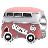 Bus della Pace Charms, 925 Argento Sterling Pink Smalto Campervan Mini Car Beads, London Double Decker Bus Charm, fit Pandora Travel Retirement Bracelet, Regali per zia/nipote/cugino/figlio