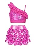 iEFiEL Bambina Vestito da Ballo Latino Americano Paillettes Tutu Crop Top con Gonna di Danza Costume da Ballo Jazz Salsa Rumba Samba Z Rosa Caldo 7-8 Anni