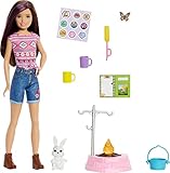 Barbie - Siamo in Due Campeggio con Skipper, Playset con Bambola Alta Circa 25 cm, Coniglietto, Braciere, Foglio di Adesivi e Accessori da Campeggio, Giocattolo per Bambini 3+ Anni, HDF71