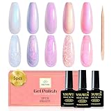 YSUVIN Smalto Semipermanente Unghie Perla, 5 Colori Pearl Shell Smalto Semipermanente per Unghie Kit Soak Off UV/LED Francese Manicure Nail Art Set, Bianco Perlato e Effetto Spirale