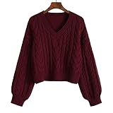 NVNVNMM Maglie Manica Lunga da Donna Sweaters Women Lovely Pullover Popular Clothes Twist Vintage V-Neck Solid all-Match Fall Daily College Cropped Knitwear(Wine Red)