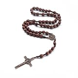 Runmeihe Collana rosario croce cattolica, perline di preghiera in legno naturale con croce medaglia Gesù Cristo San Benedetto, per i cristiani cattolici Comunione religiosa, Battesimo, Messa