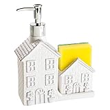 Baroni Dosatore Baroni Dosatore Sapone Dispenser a forma di Casina con Porta Spugna, Dispenser per Sapone Liquido e Spugna, 17x6x21 cm