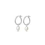 Amberta Orecchini con Perla in Argento Sterling 925 per Donna: Orecchini a Cerchio con Perla Pendente 12 mm - Argento