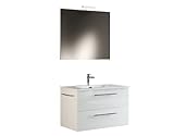 Mama Store ERA 100 - Mobile Bagno Sospeso 100 CM BIANCO LUCIDO LACCATO con Lavabo, Specchio e Lampada LED, L. 101 X P. 47 X H. 53 cm