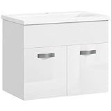 kleankin Mobile Bagno Sospeso con Lavabo, Mobile a 2 Ante con Lavandino e Cerniere Ammortizzate, 61x40x50cm, Bianco Lucido