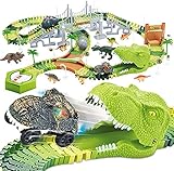 174 Pezzi Giocattoli Dinosauro Pista da Corsa, Binari del Treno Flessibili con 8 Figure di Dinosauri, 2 auto Elettriche, con Luci, migliori regali per bambini piccoli