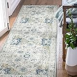 TOPICK Tappeto persiano 60 x 150 cm, tappeto persiano per interni ed ingresso, vintage con stampa azzurra, tappeto retrò in ciniglia, pieghevole, antico, leggero, antiscivolo, per bagno, cucina,
