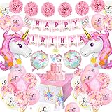 Decorazioni Compleanno Unicorno Bambina,Rosa Decorazioni Compleanno Banner Con 2 Enormi Palloncino Di Unicorn Coriandoli In Lattice Forniture per Feste Di Compleanno per Ragazza