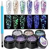 BORN PRETTY Smalto Semipermanente Glitter con Paillettes Blu Porpora, Glitterato Smalti Semipermanenti per Unghie Colori Nail Polish UV LED Gel Unghie Kit Manicure 6 scatole