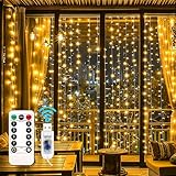 EvaStary Tenda con Catena di Luci LED, 2 x 2 m 200 LED Tenda Luminosa, 8 Modalità Tenda Luci Natale Impermeabile Cascata Luci per Esterni, Interni, Natale, Camera da Letto, Giardino (Bianco Caldo)