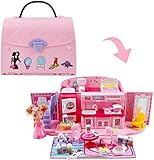 deAO Borsa a Mano con Casa delle Bambole,Incorporata Set Prtatile Design 2in1 con Serratura e Maniglia, Casa con Funzioni Luminose e Sonore, Include Bambola e Mobili su Misure,Regalo Bambina 3 anni