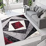 TAPISO Dream Tappeto Soggiorno Salotto Moderno Grigio Rosso Geometrico Quadrato A Pelo Corto 180 x 250 cm