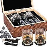 GOLDGE 14 Pezzi Whisky Stones Set di Regalo, 8 Cubetti di Ghiaccio Riutilizzabili + 2 Bicchieri da Whiskey + 2 Coaster + Pinza + Sacca, Pietre di Whisky con Cofanetto in Legno per Natale Regalo