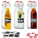 6 Bottiglie Vetro 500ml con Tappo Ermetico - 6 Etichette e Penna - 6 Guarnizioni Extra - per Liquore, Olio, Birra & Vino