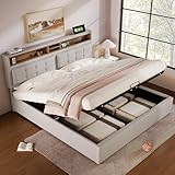 Rtopsu Letto Matrimoniale Letto Imbottito 160x200 cm con USB C, Letto con Contenitore e Rete a Doghe in Legno, Struttura del Letto con Telaio Idraulico in Metallo, Lino, Beige, Senza Materasso