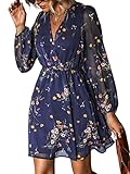 CUPSHE Mini abito da donna in chiffon con stampa floreale a trapezio maniche lunghe contadine, Navy, M