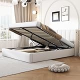 Rtopsu Letto Imbottito Letto Matrimoniale 160x200 cm con USB Type C e LED, Letto con Contenitore, Letto Idraulico con Rete a Doghe e Telaio in Metallo, Testata Regolabile, PU, Bianco, Senza Materasso