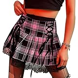 SEAUR Gothic Gonna da donna nera corta punk minigonna steampunk skirt cosplay party club wear, vita alta A, linea di pizzo, gonna a pieghe - S M L XL, A02# A quadretti rosa, S