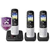 Panasonic Telefono cordless KX-TGH723GS con segreteria telefonica, set da 3 (telefono DECT, bassa emissione di radiazioni, display a colori, blocco chiamate, chiamate in vivavoce) nero