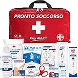 AIESI® Kit di Pronto Soccorso professionale per auto casa viaggio barca moto trekking con TERMOMETRO e DISINFETTANTE, EASY AID KIT, Borsa di emergenza completa per medicazione, Made in Italy