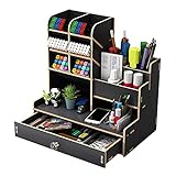 Hggzeg Organizer da scrivania in legno fai da te da te per cancelleria, grande capacità, con cassetto per casa, ufficio e scuola (B17 nero)