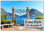 Vecchio cancello in ferro battuto con vista sul lago di Lugano nel Parco Ciani, Lugano, Svizzera, Magnete da Frigo
