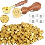 Foonii Set di Timbro Ceralacca, con 200 Perline di Cera per Sigillo, 1 Timbro sigillo per Ceralacca, 1 Cucchiaio, 4 Candele, per Buste/inviti/Biglietti/Regalo - (Cuore, Oro Ambrato)